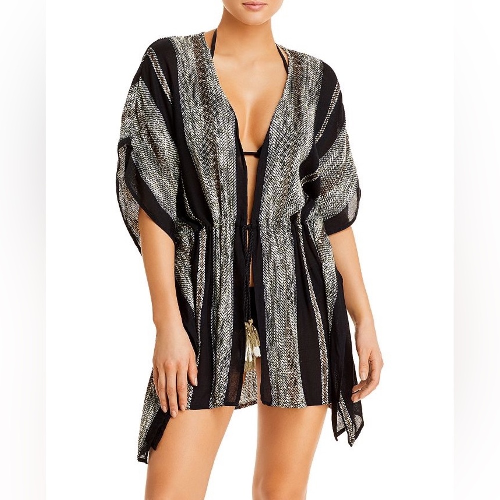 Surf Gypsy, black & silver striped boho kimono sequin & beading NWT size M